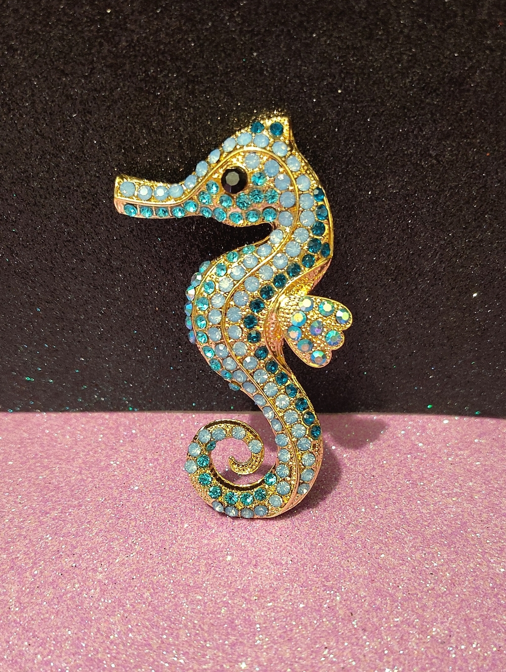 Vintage Style Blue & Multi Colored Rhinestone Seahorse Brooch - 3 1/2" Size